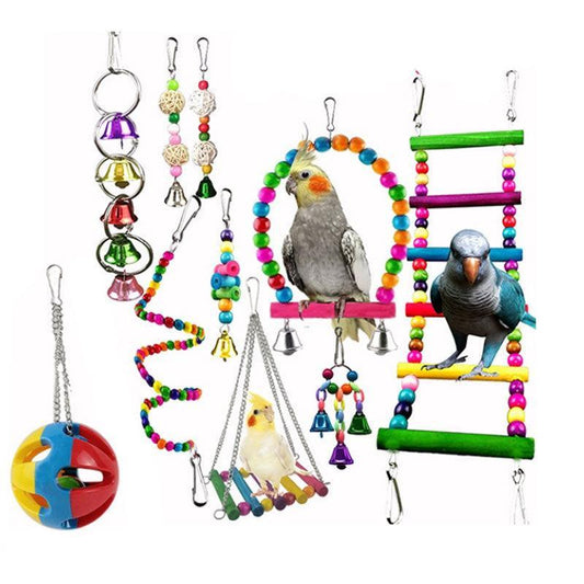 10pcs Parrot Toys Set Swing Ladder Chew Bell Toys for Cockatiels Budgies Cages
