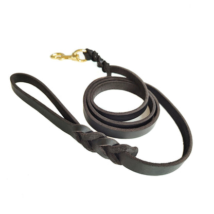 Dog Leash Cowhide Lead Heavy Duty Leather M Size Brown For Walking Training - Black