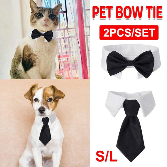2pcs Pet Bow Tie Collar Dog Cat Suit Dress Accessories Adjustable Neck Strap - S