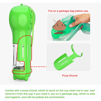 Green Portable Pet Water Bottle with Waste Bag Dispenser - 300ml Leak-Proof Travel Hydration Solution
