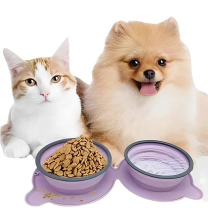 Pink Portable Collapsible Pet Bowl Set - Food-Grade Silicone Double Bowl for Dogs & Cats, Anti-Slip & Easy to Clean