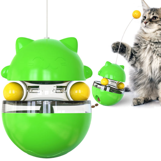 Cat Teaser Cup Toy, Interactive Treat Dispensing Ball with Wand (Green)