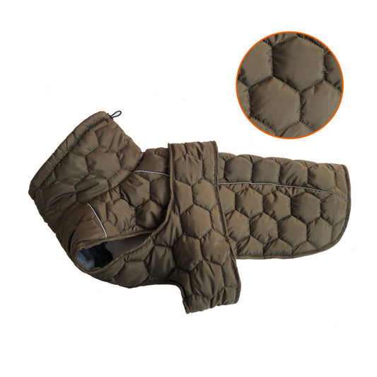 Size S Olive Green Warm Quilted Dog Winter Coat - Adjustable Fleece-Lined Puffer Vest with Reflective Trim & Leash Port