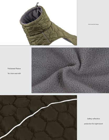Size M Olive Green Warm Quilted Dog Winter Coat - Adjustable Fleece-Lined Puffer Vest with Reflective Trim & Leash Port