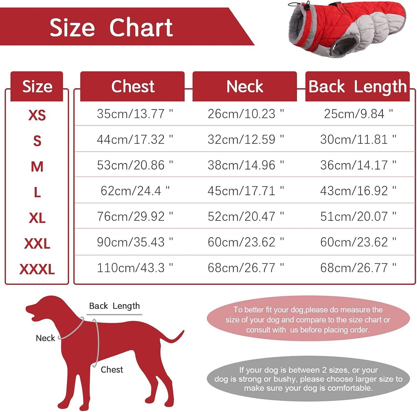 S Red Grey Premium Winter Puffer Dog Coat - Windproof & Fleece-Lined Jacket for Cold Weather
