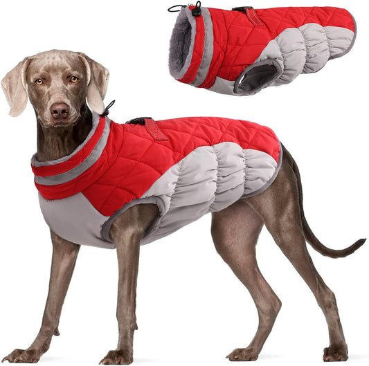M Red Grey Premium Winter Puffer Dog Coat - Windproof & Fleece-Lined Jacket for Cold Weather
