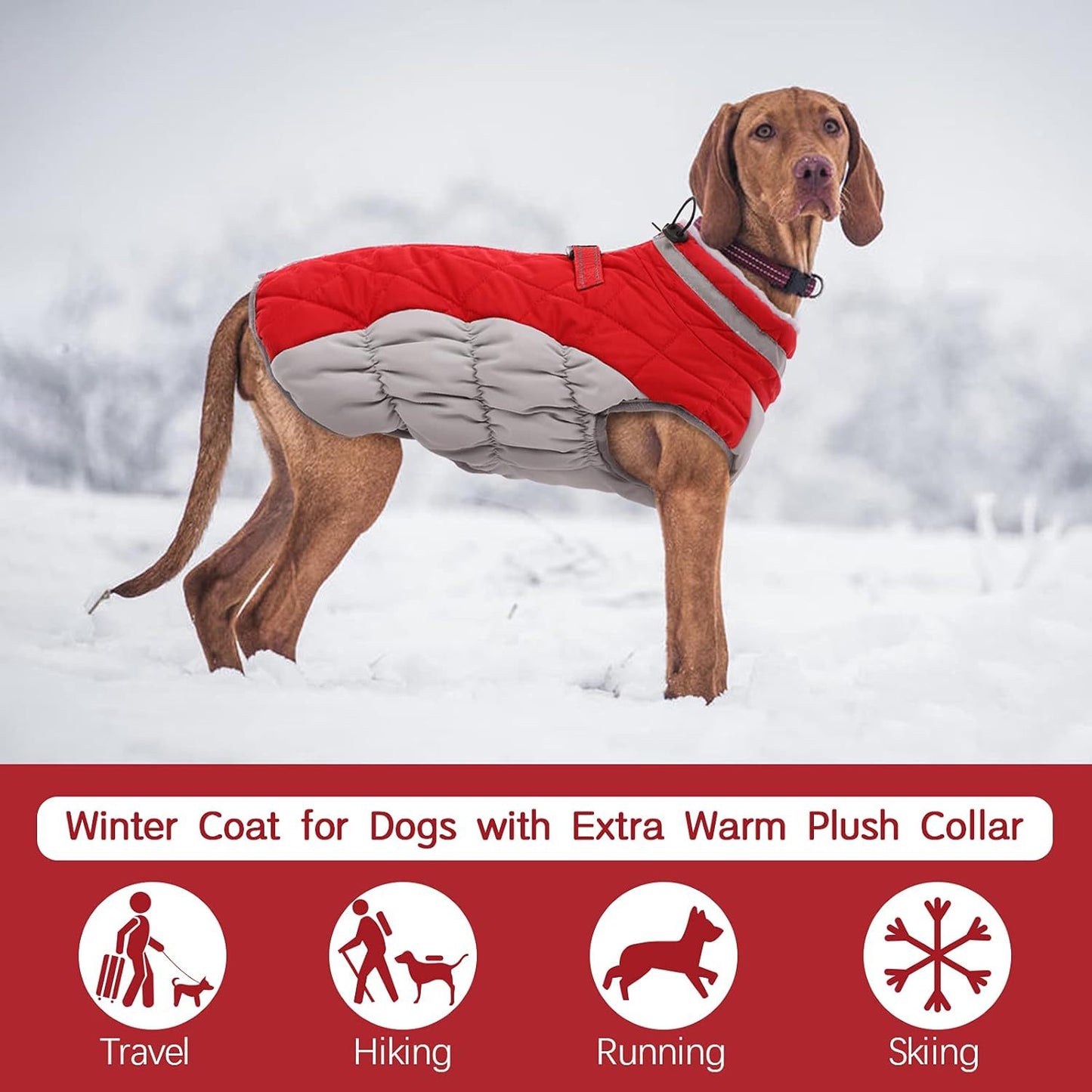 L Red Grey Premium Winter Puffer Dog Coat - Windproof & Fleece-Lined Jacket for Cold Weather