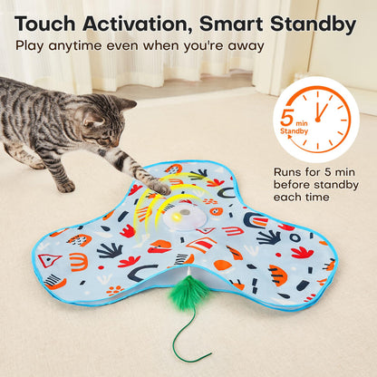 Green Interactive Cat Toys Rechargeable,Moving Concealed Feathers,Real Mouse Squeaky,Touch Activated Cat Kitten Toy Exercise Toys for Indoor Bored Adult Cats