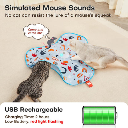 Green Interactive Cat Toys Rechargeable,Moving Concealed Feathers,Real Mouse Squeaky,Touch Activated Cat Kitten Toy Exercise Toys for Indoor Bored Adult Cats