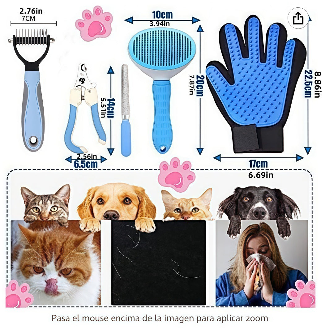 5-in-1 Pet Grooming Kit Blue - Stainless Steel Deshedding Rake, Self-Cleaning Slicker Brush, Grooming Glove & Nail Trimmer Set for Dogs & Cats