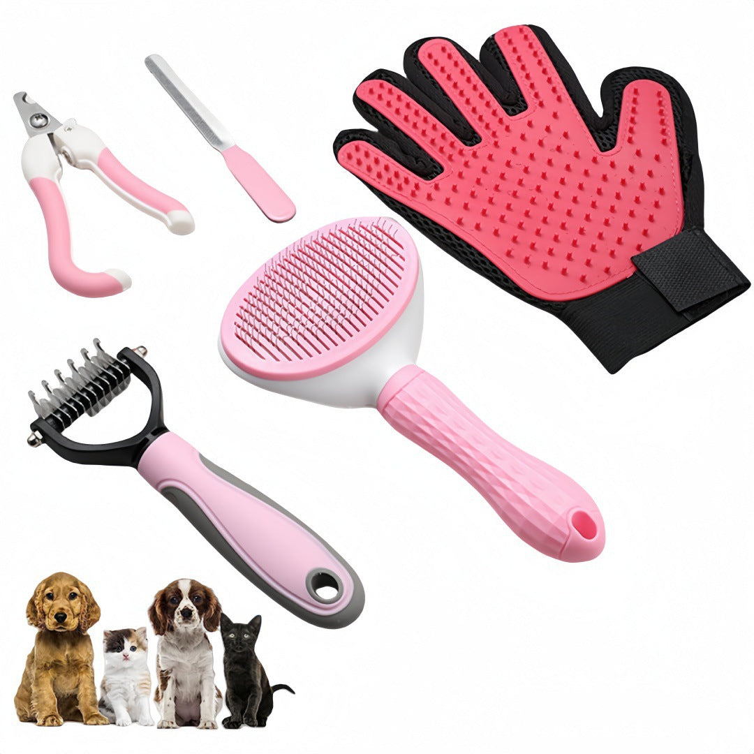 5-in-1 Pet Grooming Kit Pink - Stainless Steel Deshedding Rake, Self-Cleaning Slicker Brush, Grooming Glove & Nail Trimmer Set for Dogs & Cats