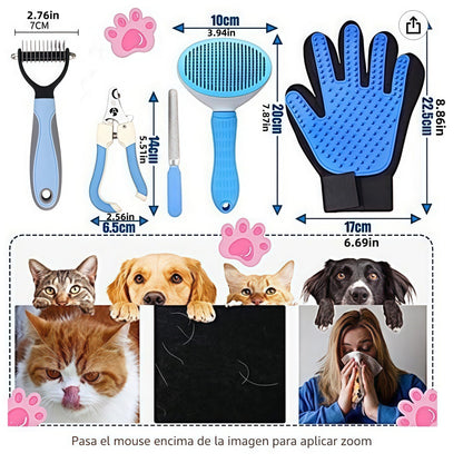 5-in-1 Pet Grooming Kit Pink - Stainless Steel Deshedding Rake, Self-Cleaning Slicker Brush, Grooming Glove & Nail Trimmer Set for Dogs & Cats