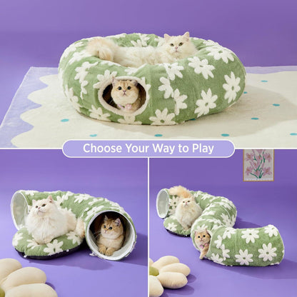 2-in-1 Cat Tunnel Bed Green Daisy 80cm - Plush Donut Pet Cave & Play Tube - Detachable Washable Cushion & Interactive Hanging Toy for Indoor Cats