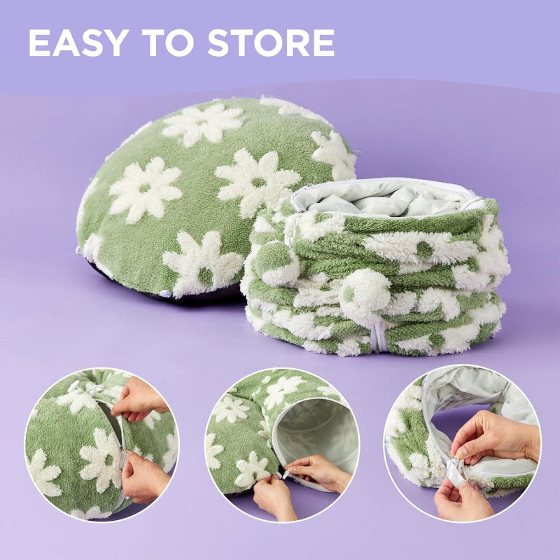 2-in-1 Cat Tunnel Bed Purple Daisy 80cm - Plush Donut Pet Cave & Play Tube - Detachable Washable Cushion & Interactive Hanging Toy for Indoor Cats
