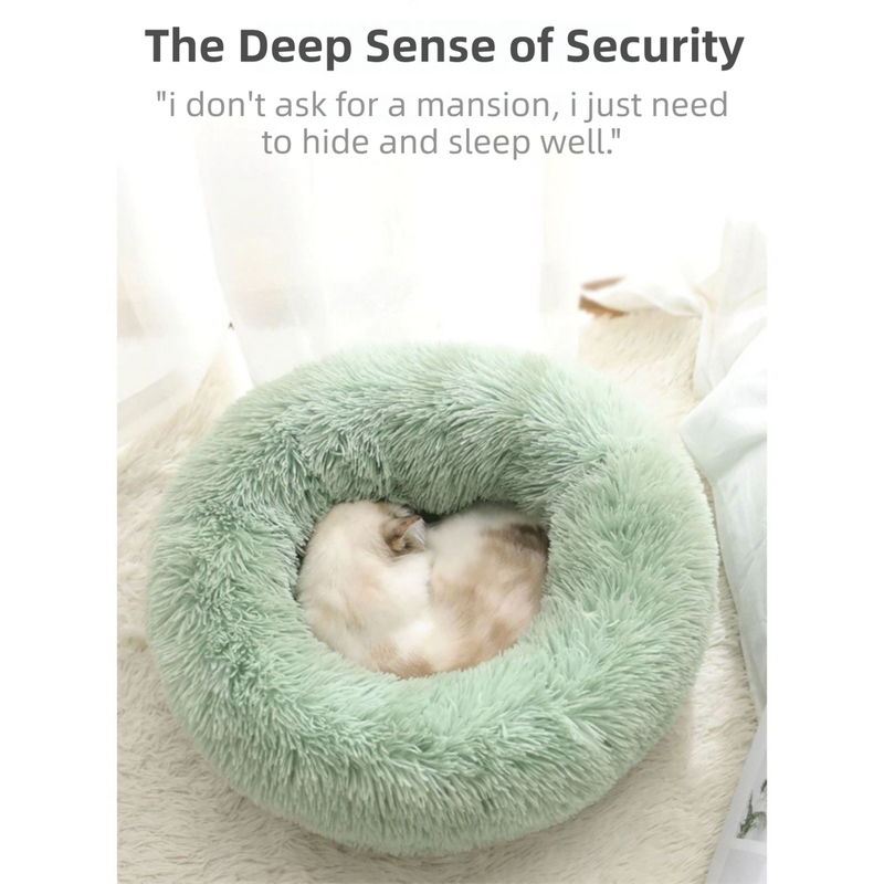 Grey Cozy Donut Long Plush Cat & Dog Calming Bed(Diameter 50cm) - Double-Layer PP Cotton Filling Warming Pet Bed with Anti-Slip Base & Free Blanket