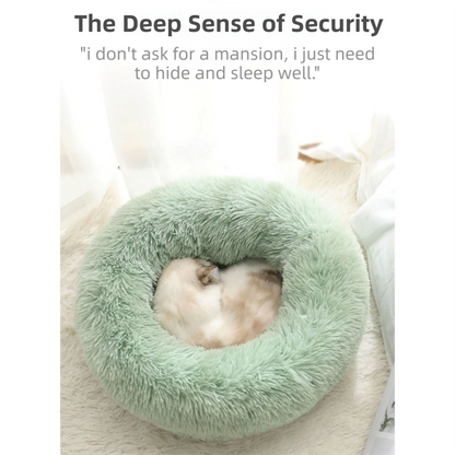 Grey Cozy Donut Long Plush Cat & Dog Calming Bed(Diameter 50cm) - Double-Layer PP Cotton Filling Warming Pet Bed with Anti-Slip Base & Free Blanket