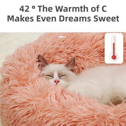 Green Cozy Donut Long Plush Cat & Dog Calming Bed(Diameter 50cm) - Double-Layer PP Cotton Filling Warming Pet Bed with Anti-Slip Base & Free Blanket