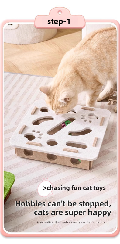 Green-Brown Felt Puzzle Square Shape Box Cat Toy with 2 Metal Bell Balls - Scratch-Resistant & Interactive Hide-and-Seek Toy, Brain Stimulating Fun