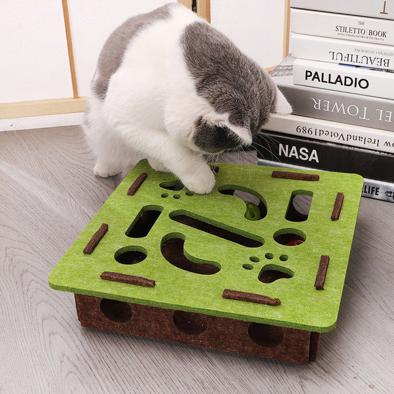 Green-Brown Felt Puzzle Square Shape Box Cat Toy with 2 Metal Bell Balls - Scratch-Resistant & Interactive Hide-and-Seek Toy, Brain Stimulating Fun