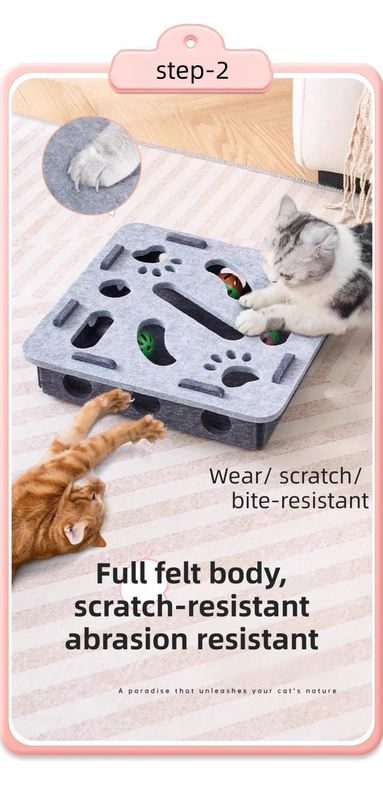 White Felt Puzzle Flower Shape Box Cat Toy with 2 Metal Bell Balls - Scratch-Resistant & Interactive Hide-and-Seek Toy, Brain Stimulating Fun