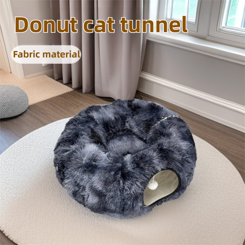 2-in-1 Dark Blue Tie-Dye Donut-Shaped Cat Tunnel Bed -  Spacious 85cm Pet Play Tunnel & Lounger, Durable Fabric for Cats & Kittens