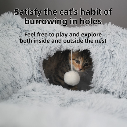 2-in-1 Dark Blue Tie-Dye Donut-Shaped Cat Tunnel Bed -  Spacious 85cm Pet Play Tunnel & Lounger, Durable Fabric for Cats & Kittens