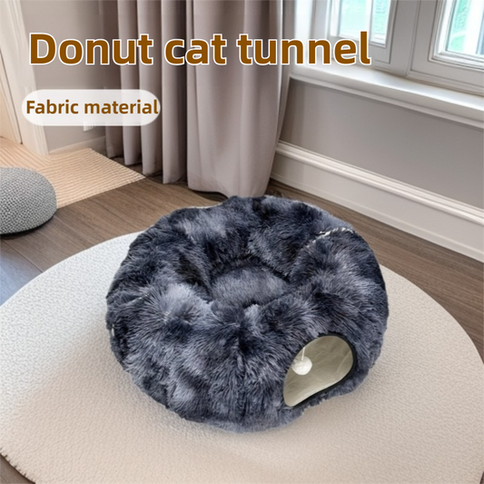 2-in-1 Dark Grey Tie-Dye Donut-Shaped Cat Tunnel Bed -  Spacious 85cm Pet Play Tunnel & Lounger, Durable Fabric for Cats & Kittens