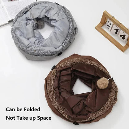 30X130CM Brown Durable Suede Foldable Cat Tunnel - Interactive Multi-Sensory Play Tube with Crinkle Paper & Plush Interior, plush ball and Steel Frame