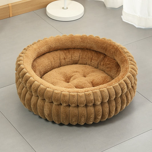 Cozy Plush Round Cat & Dog Bed – Warm Calming Pet Nest with Removable Cushion (Coffee / M)
