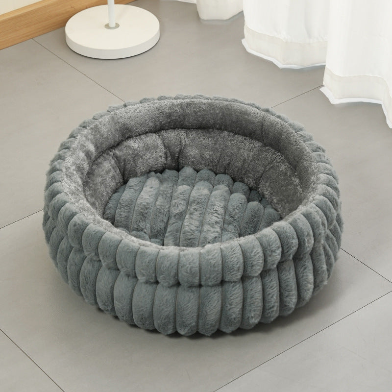 Cozy Plush Round Cat & Dog Bed – Warm Calming Pet Nest with Removable Cushion (Grey / M)