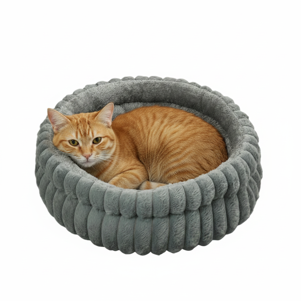Cozy Plush Round Cat & Dog Bed – Warm Calming Pet Nest with Removable Cushion (Grey / M)