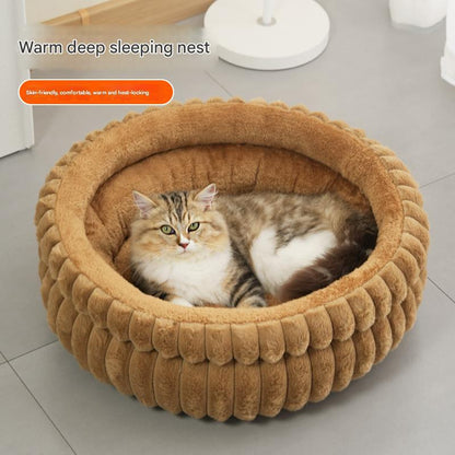 Cozy Plush Round Cat & Dog Bed – Warm Calming Pet Nest with Removable Cushion (Grey / M)