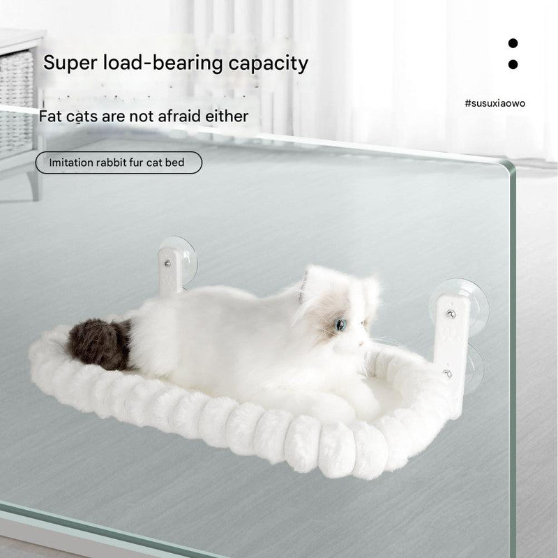 White Plush Cat Window Hammock with Strong Suction Cups, Faux Rabbit Fur Pet Bed for Cats and Small Dogs, Space-Saving Foldable Hanging Cat Perch for Sunbathing and Relaxation