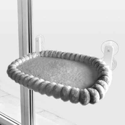 Grey Plush Cat Window Hammock with Strong Suction Cups, Faux Rabbit Fur Pet Bed for Cats and Small Dogs, Space-Saving Foldable Hanging Cat Perch for Sunbathing and Relaxation