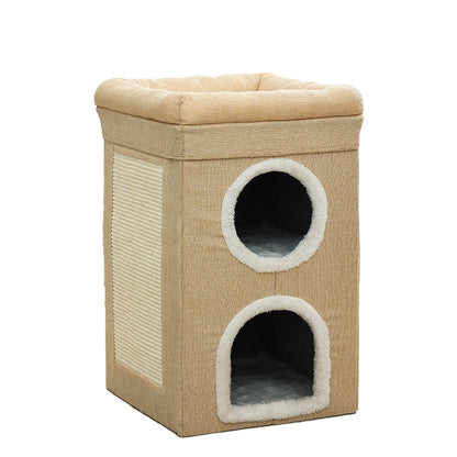 Beige 3-Story Villa Cat House with Scratching Posts - Foldable Double-Decker Cat Condo, Warm & Breathable All-Season Pet Bed, Multi-Functional Play & Sleep Space, Durable Easy-Clean Fabric