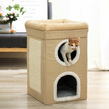 Beige 3-Story Villa Cat House with Scratching Posts - Foldable Double-Decker Cat Condo, Warm & Breathable All-Season Pet Bed, Multi-Functional Play & Sleep Space, Durable Easy-Clean Fabric