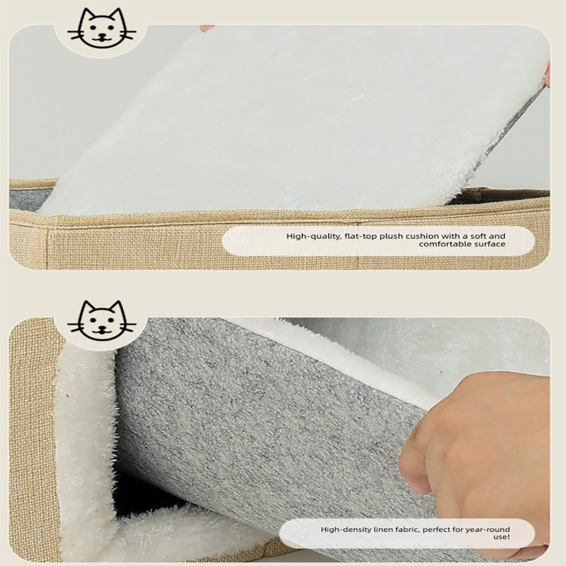 Beige 3-Story Villa Cat House with Scratching Posts - Foldable Double-Decker Cat Condo, Warm & Breathable All-Season Pet Bed, Multi-Functional Play & Sleep Space, Durable Easy-Clean Fabric