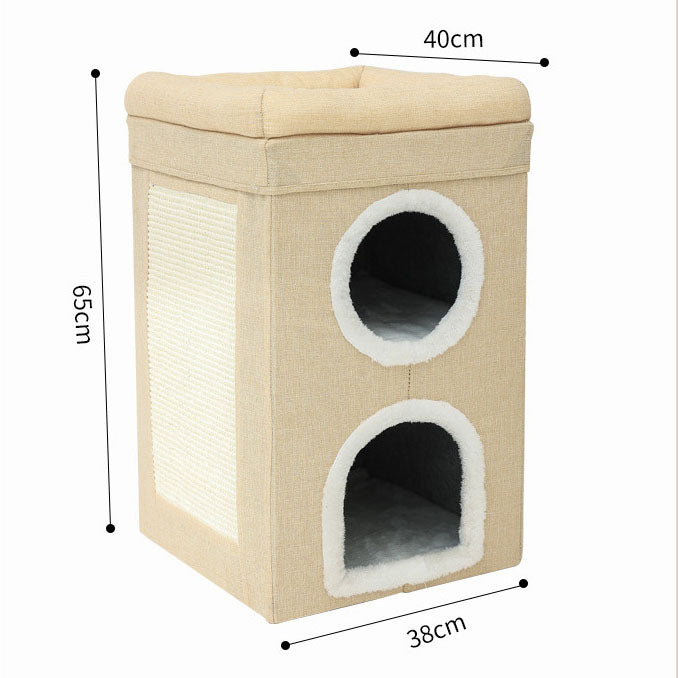 Beige 3-Story Villa Cat House with Scratching Posts - Foldable Double-Decker Cat Condo, Warm & Breathable All-Season Pet Bed, Multi-Functional Play & Sleep Space, Durable Easy-Clean Fabric