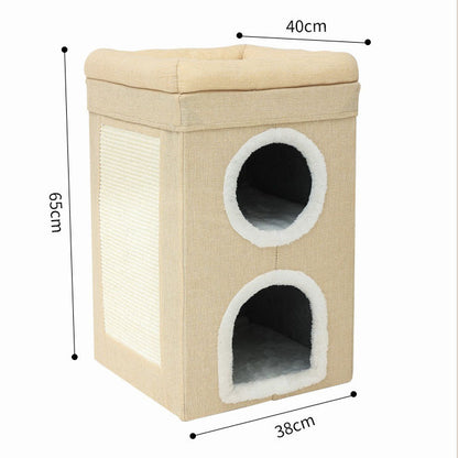 Beige 3-Story Villa Cat House with Scratching Posts - Foldable Double-Decker Cat Condo, Warm & Breathable All-Season Pet Bed, Multi-Functional Play & Sleep Space, Durable Easy-Clean Fabric