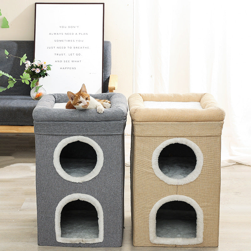 Grey 3-Story Villa Cat House with Scratching Posts - Foldable Double-Decker Cat Condo, Warm & Breathable All-Season Pet Bed, Multi-Functional Play & Sleep Space, Durable Easy-Clean Fabric