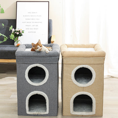 Grey 3-Story Villa Cat House with Scratching Posts - Foldable Double-Decker Cat Condo, Warm & Breathable All-Season Pet Bed, Multi-Functional Play & Sleep Space, Durable Easy-Clean Fabric