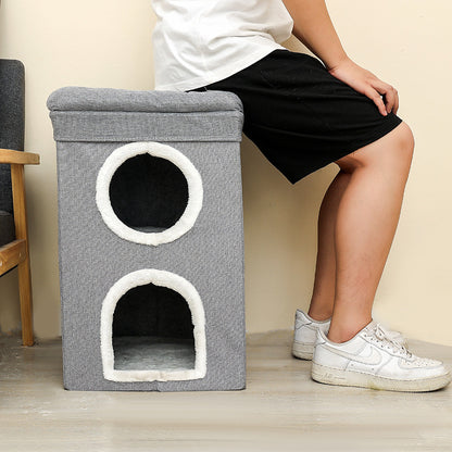 Grey 3-Story Villa Cat House with Scratching Posts - Foldable Double-Decker Cat Condo, Warm & Breathable All-Season Pet Bed, Multi-Functional Play & Sleep Space, Durable Easy-Clean Fabric