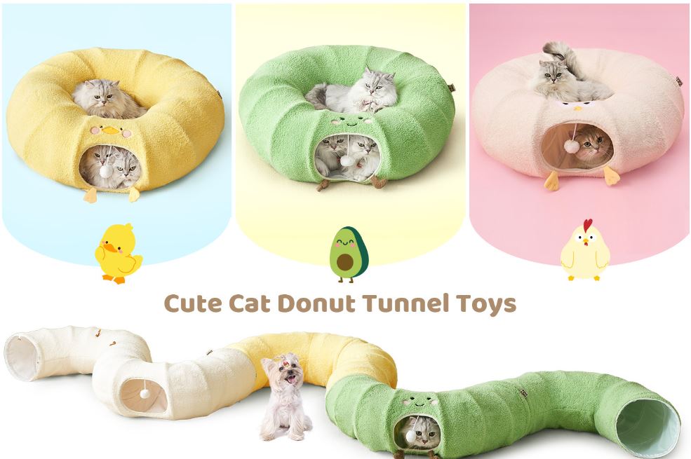 Green Cute Foldable Cat Tunnel Bed with Dual-Zipper Detachable & Connectable Design - 2-in-1 Versatile Circular Doughnut Nest & S-Curve Play Center, Easy Fold-Away Storage (85x85x26CM)