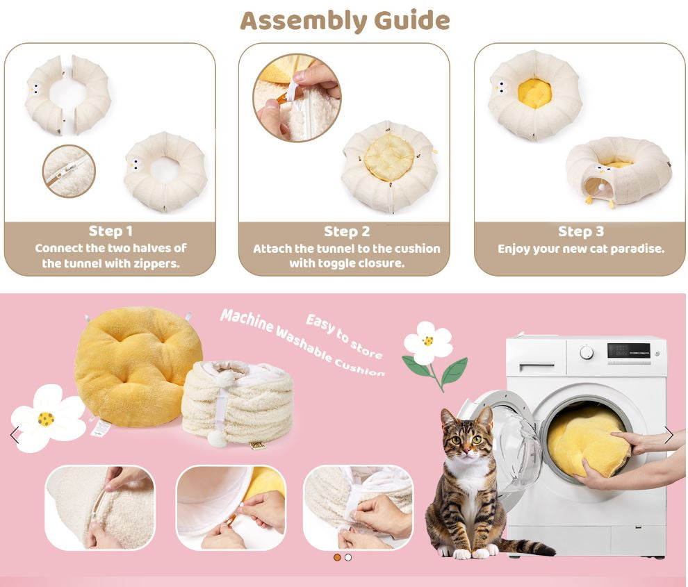 Yellow Cute Foldable Cat Tunnel Bed with Dual-Zipper Detachable & Connectable Design - 2-in-1 Versatile Circular Doughnut Nest & S-Curve Play Center, Easy Fold-Away Storage (85x85x26CM)