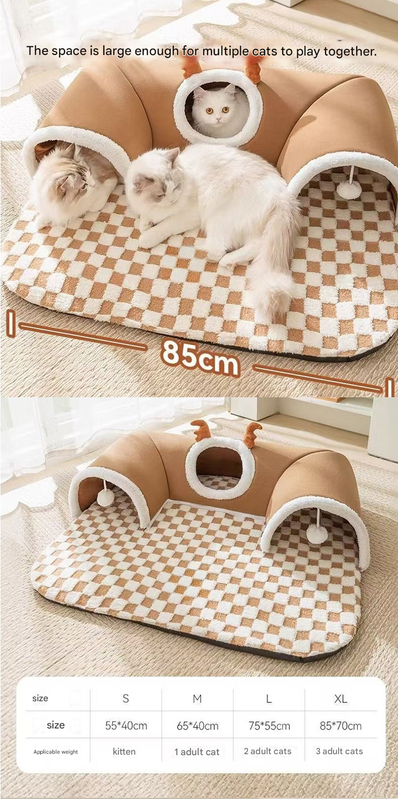 Brown  L size Cat Tunnel Bed House 4-Season Universal Removable Washable U-Shaped Cat Cave with Multi-Entrance, Plush Hideaway Pet Nest with Detachable Mat for Indoor Cats, Non-Slip Bottom, Multi-Cat Friendly