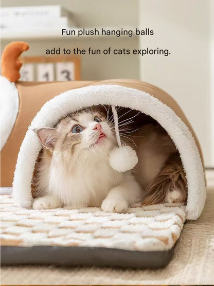 Brown  L size Cat Tunnel Bed House 4-Season Universal Removable Washable U-Shaped Cat Cave with Multi-Entrance, Plush Hideaway Pet Nest with Detachable Mat for Indoor Cats, Non-Slip Bottom, Multi-Cat Friendly