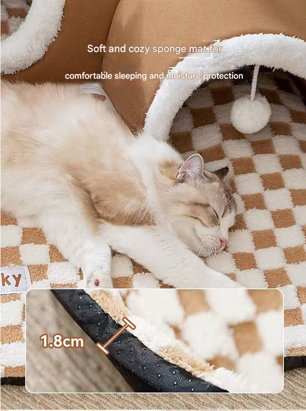 Brown  L size Cat Tunnel Bed House 4-Season Universal Removable Washable U-Shaped Cat Cave with Multi-Entrance, Plush Hideaway Pet Nest with Detachable Mat for Indoor Cats, Non-Slip Bottom, Multi-Cat Friendly