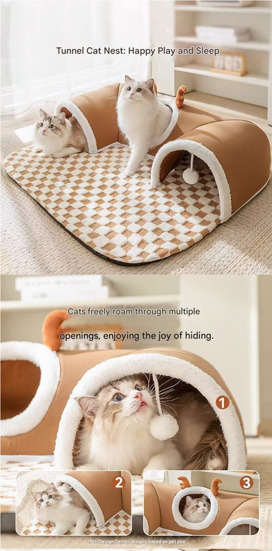 Brown XL size Cat Tunnel Bed House 4-Season Universal Removable Washable U-Shaped Cat Cave with Multi-Entrance, Plush Hideaway Pet Nest with Detachable Mat for Indoor Cats, Non-Slip Bottom, Multi-Cat Friendly