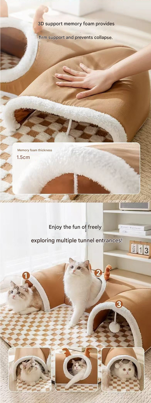 Brown XL size Cat Tunnel Bed House 4-Season Universal Removable Washable U-Shaped Cat Cave with Multi-Entrance, Plush Hideaway Pet Nest with Detachable Mat for Indoor Cats, Non-Slip Bottom, Multi-Cat Friendly