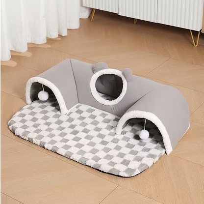 Grey L size Cat Tunnel Bed House 4-Season Universal Removable Washable U-Shaped Cat Cave with Multi-Entrance, Plush Hideaway Pet Nest with Detachable Mat for Indoor Cats, Non-Slip Bottom, Multi-Cat Friendly